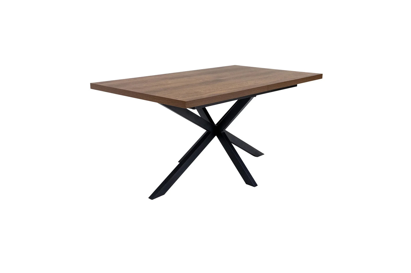 Rectangular dining table with dark wood top and black metal cross legs