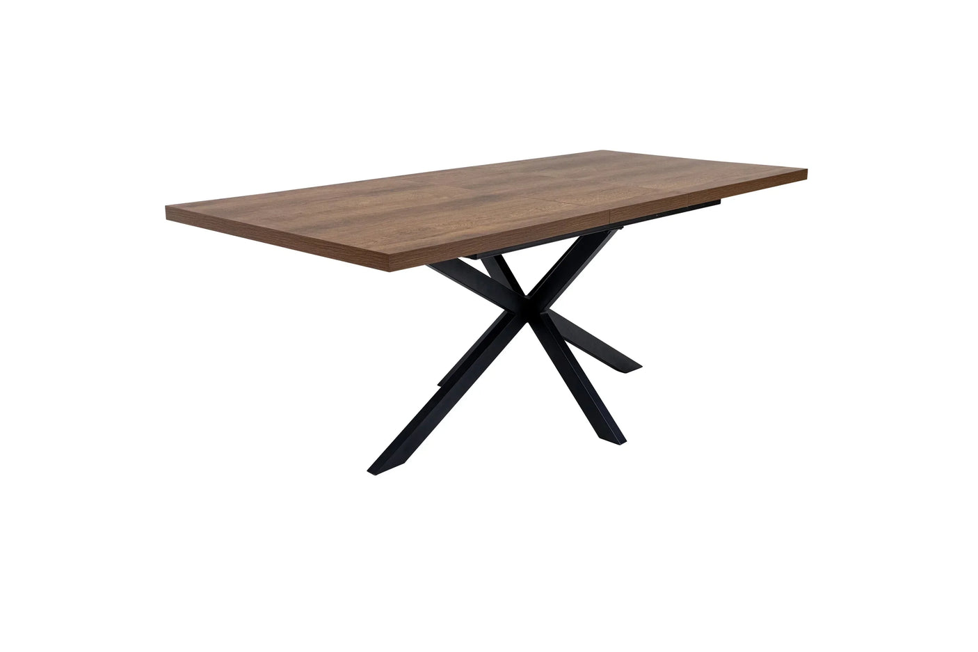 Rectangular wooden dining table with black metal cross legs, side angled view