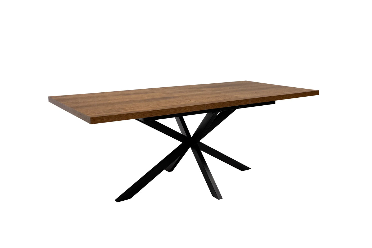 Rectangular dining table with wood top and black metal starburst base on white background