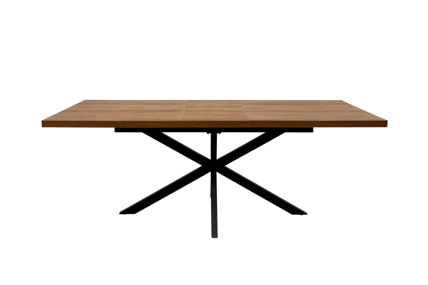 Rectangular wood dining table with black crossed metal legs, front angle view