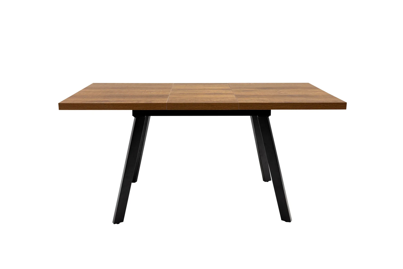Rectangular wooden dining table with black metal legs, front view