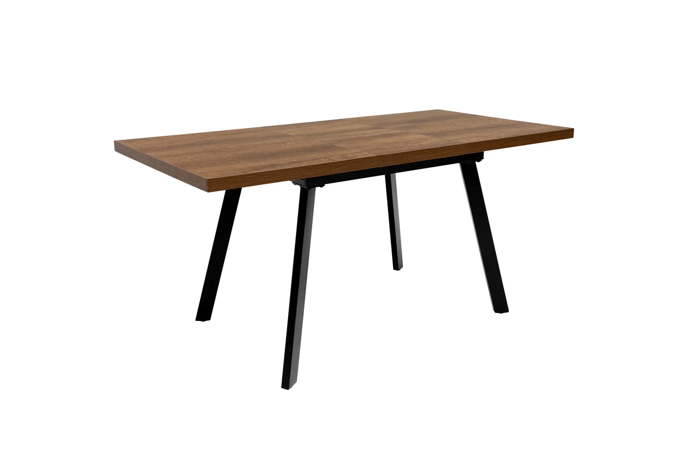 Rectangular dining table with wood finish top and black metal legs