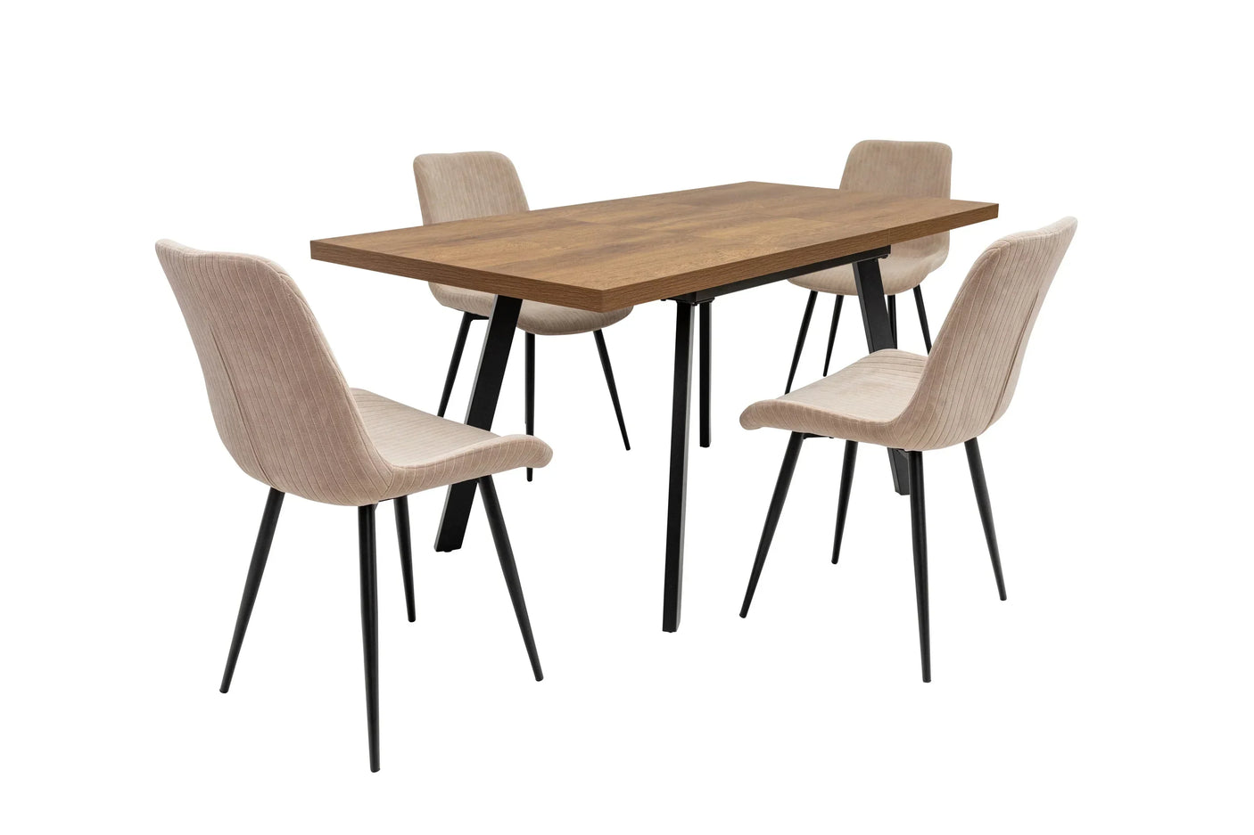 Rectangular dining table with wood top and four beige upholstered chairs with black legs