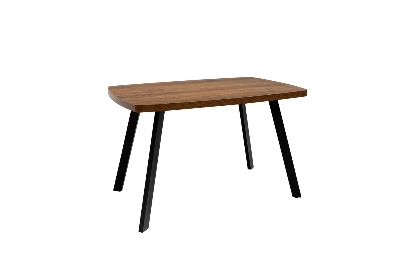 Rectangular dining table with wood finish top and angled black metal legs