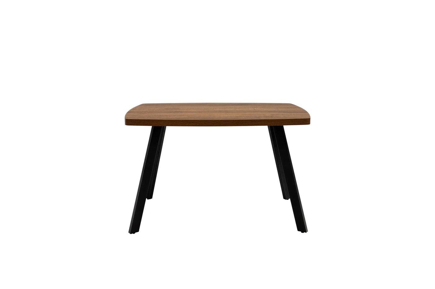 Rectangular wooden coffee table with black angled metal legs on white background