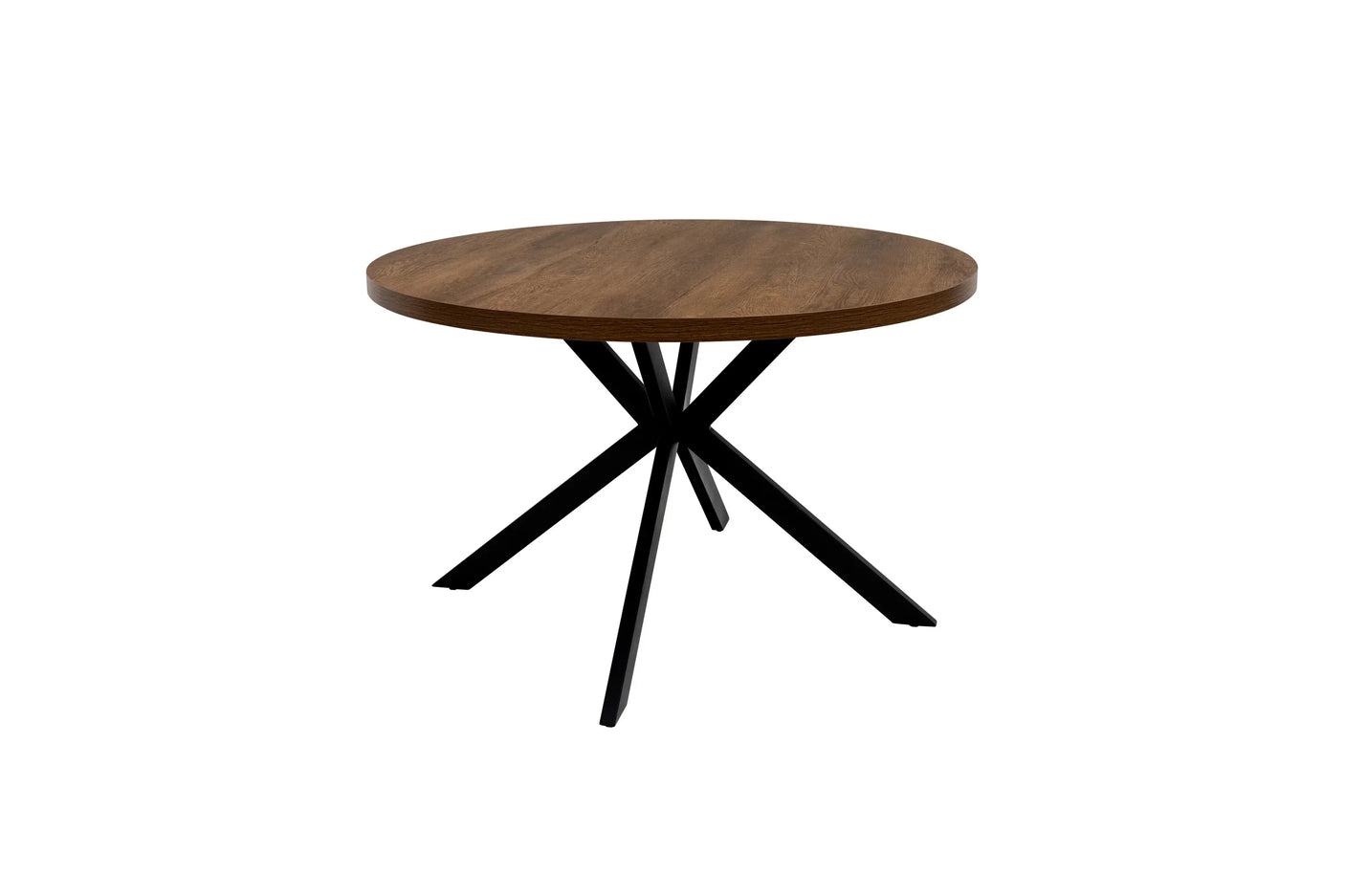Round dining table with wooden top and black metal crossed legs