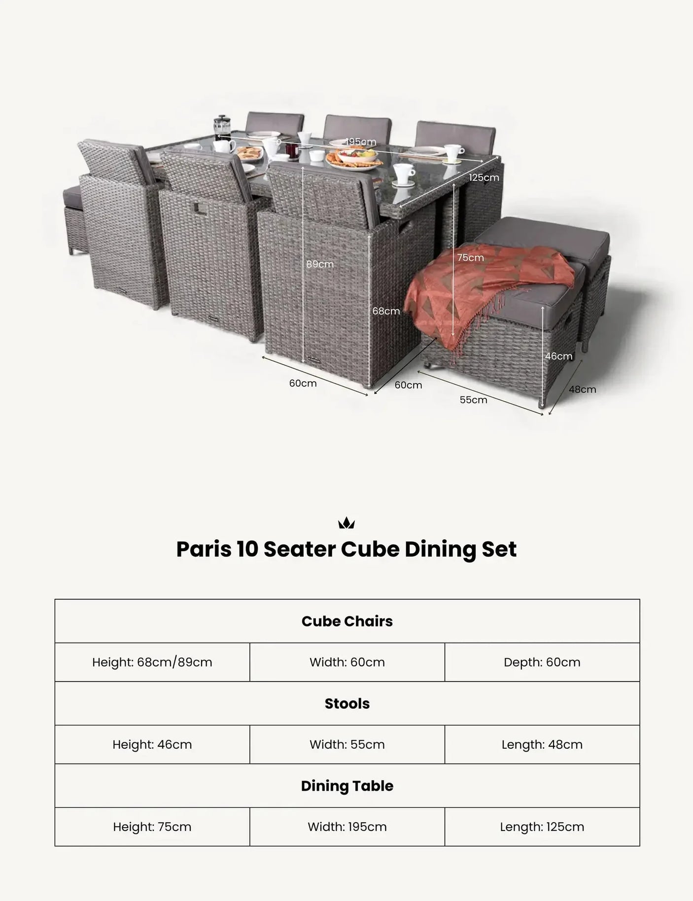Paris 10 seater cube dining set with rattan chairs, stools, and glass-top table, dimensions shown