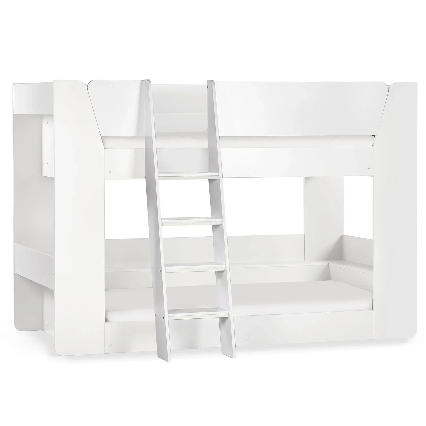 White wooden bunk bed with ladder and safety rails on both levels