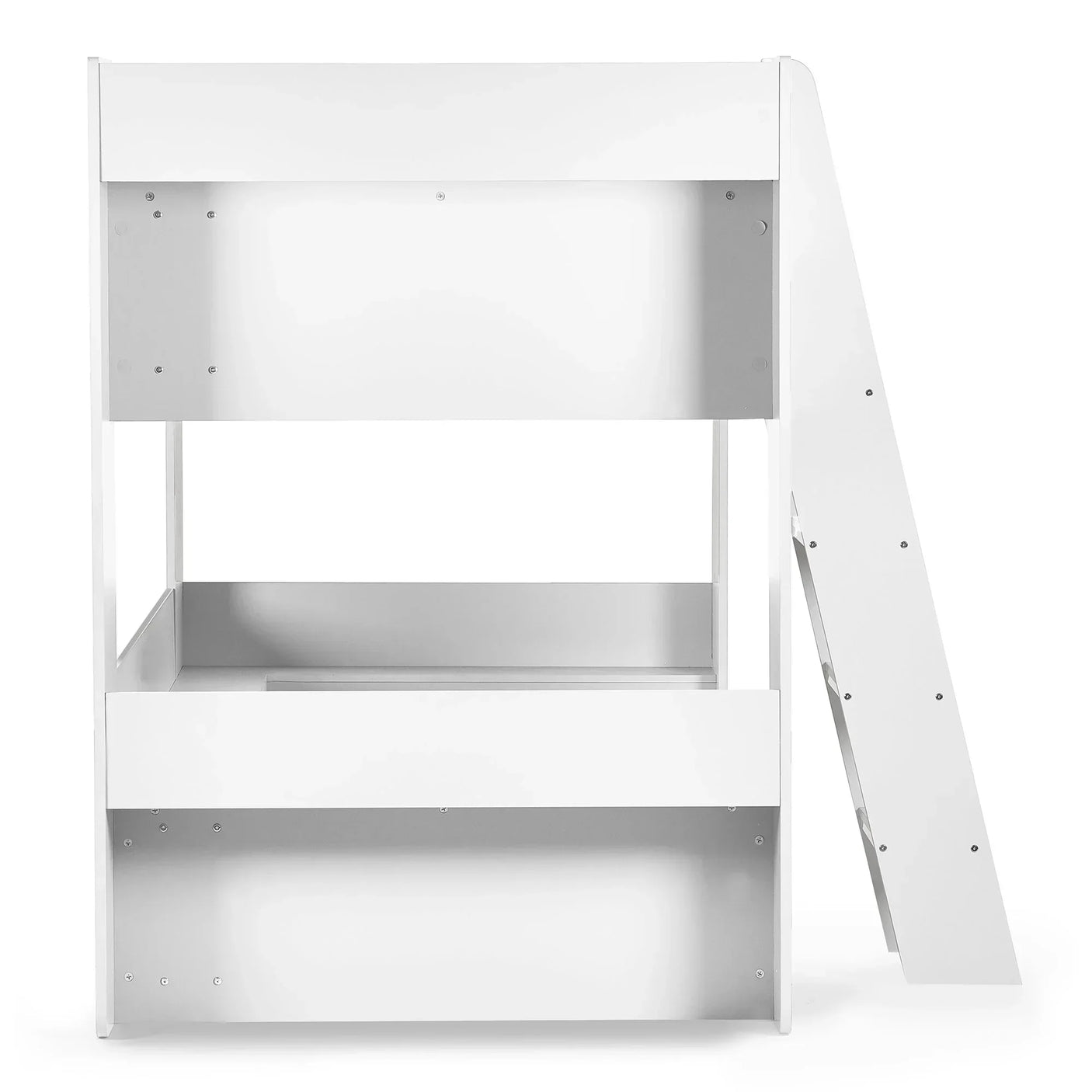 White wooden bunk bed with side ladder, front view, features clean modern design