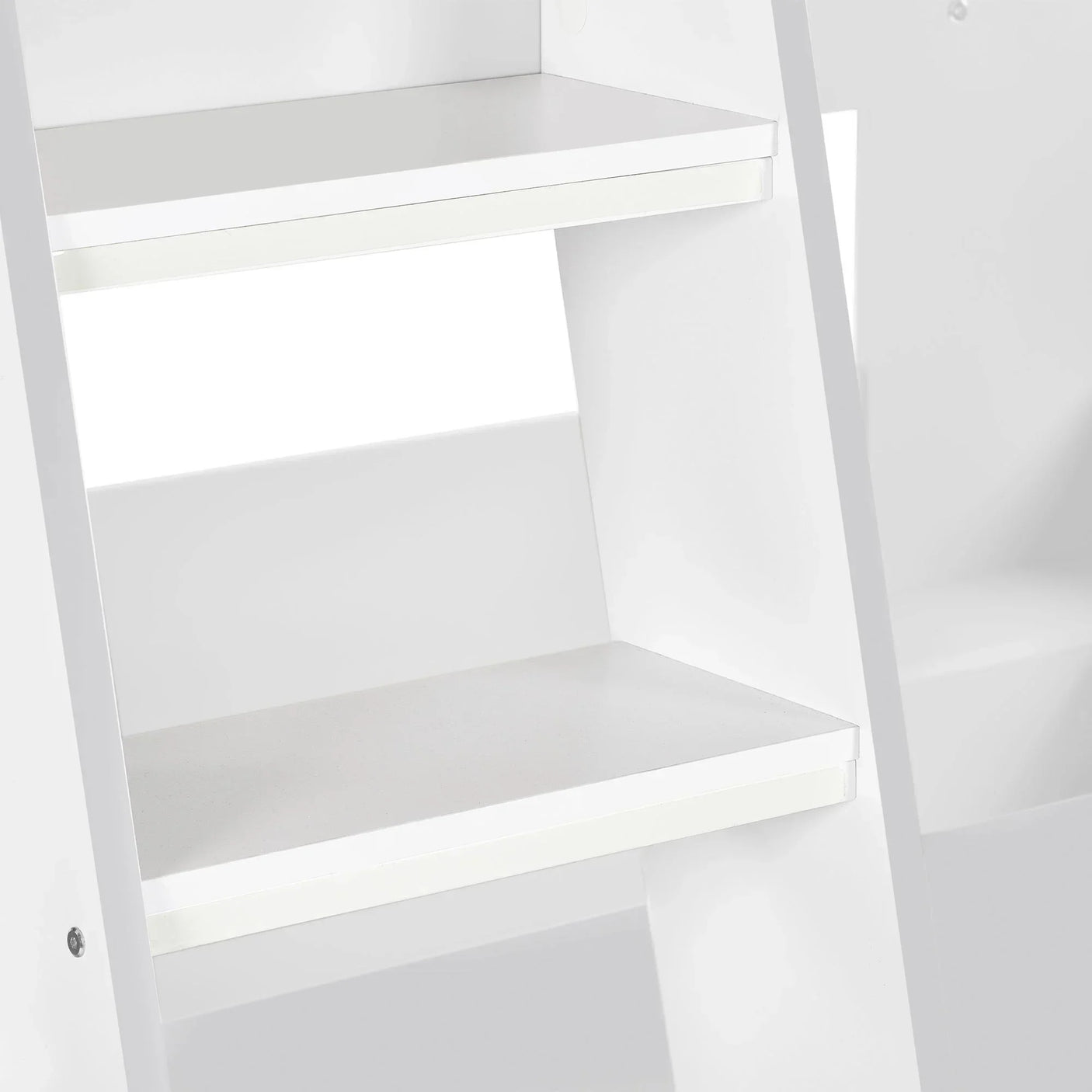 Close-up of white wooden bunk bed ladder with integrated flat steps