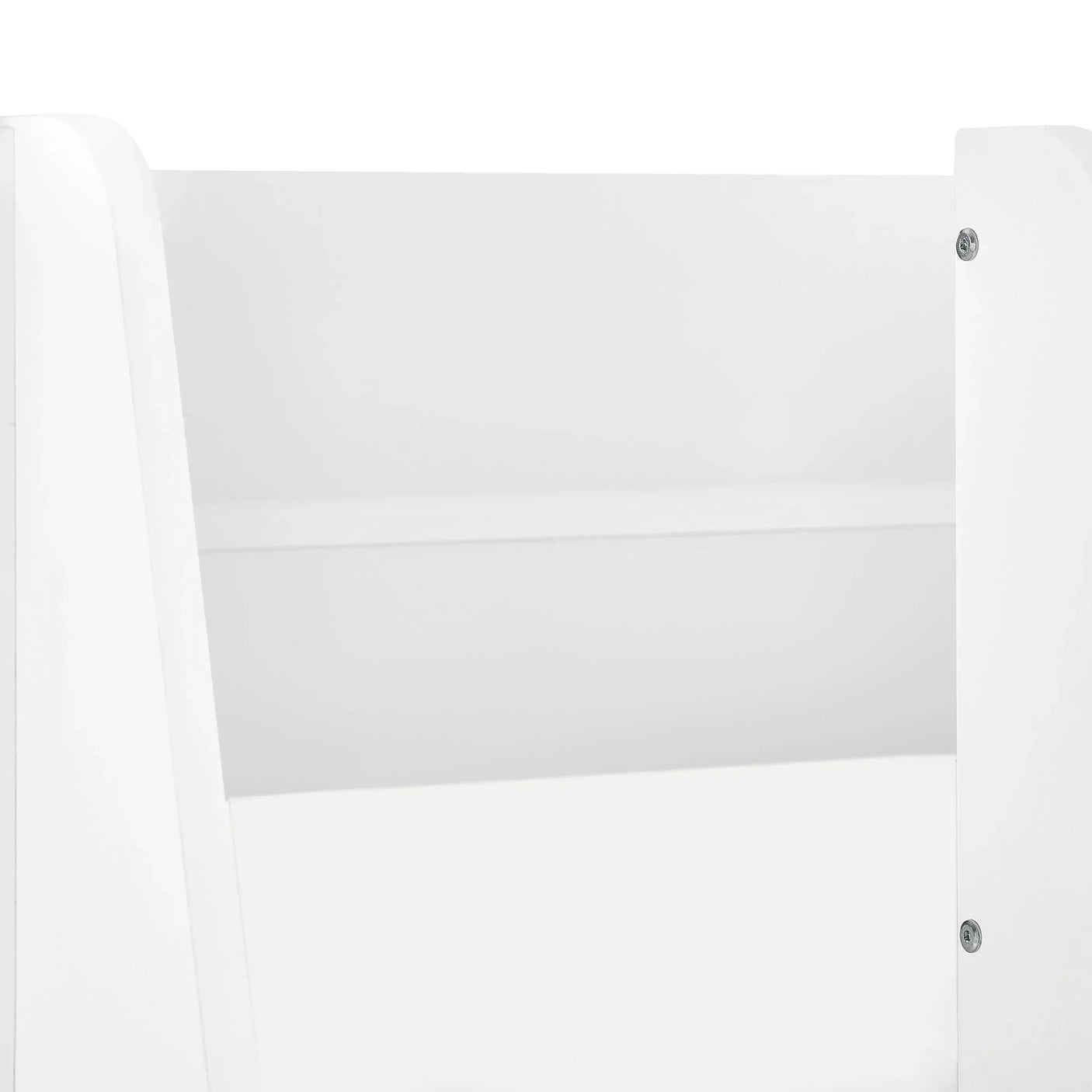 Detail view of white wooden bunk bed safety rail and frame joint