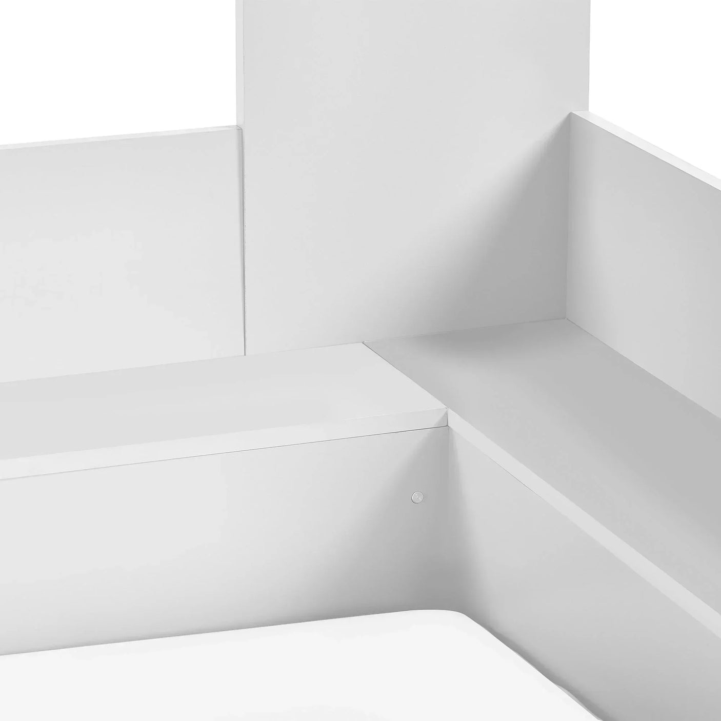 White bunk bed corner with smooth wood panel detail