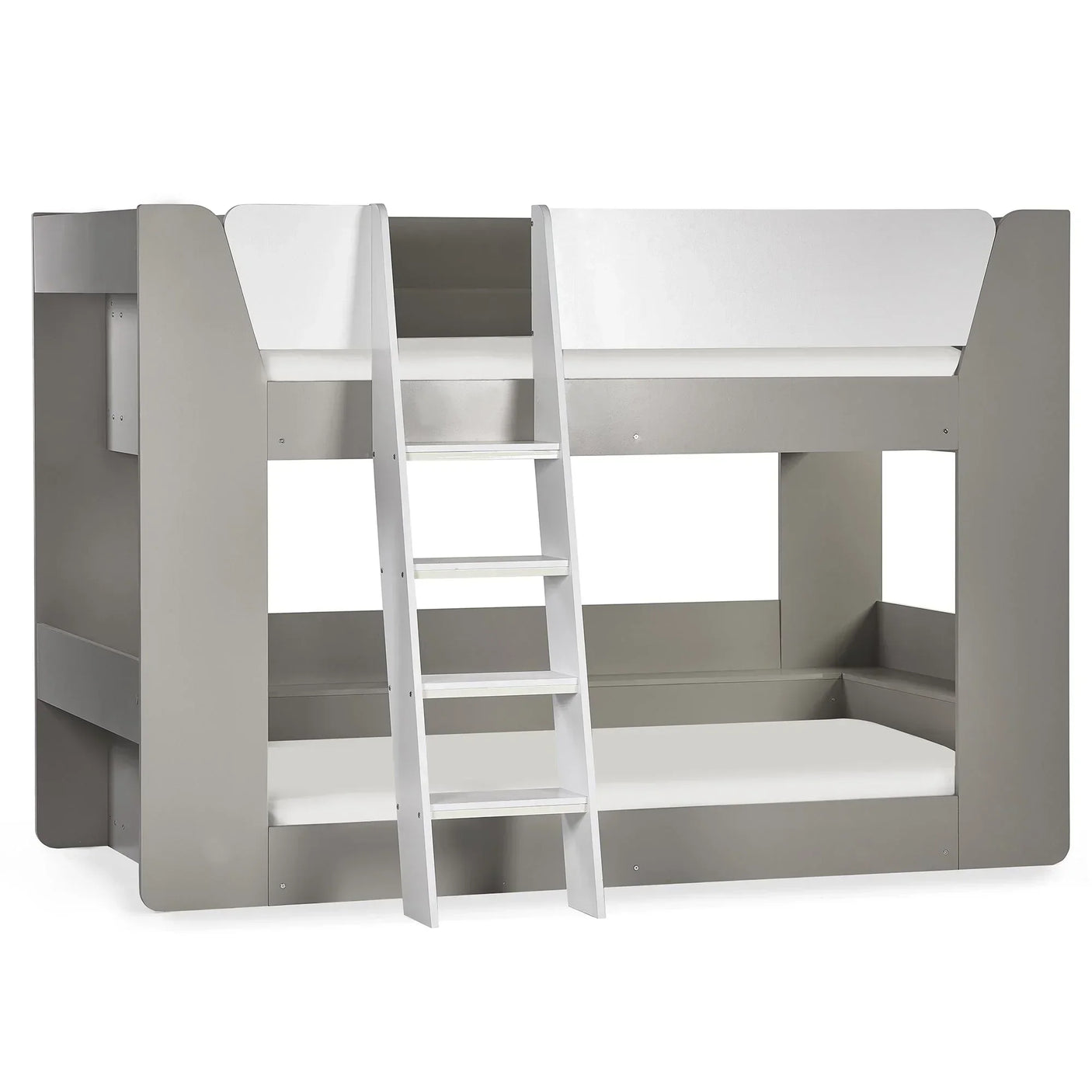 Taupe and white wooden bunk bed with angled ladder, twin over twin design
