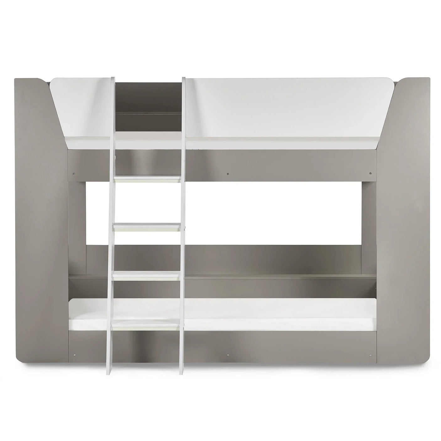 Taupe and white bunk bed with ladder, modern design, shown from the front