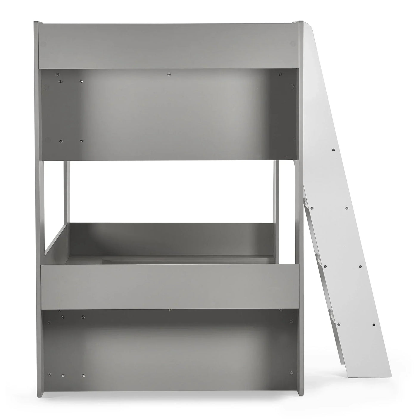 Taupe bunk bed with white angled ladder, front view, wooden frame furniture