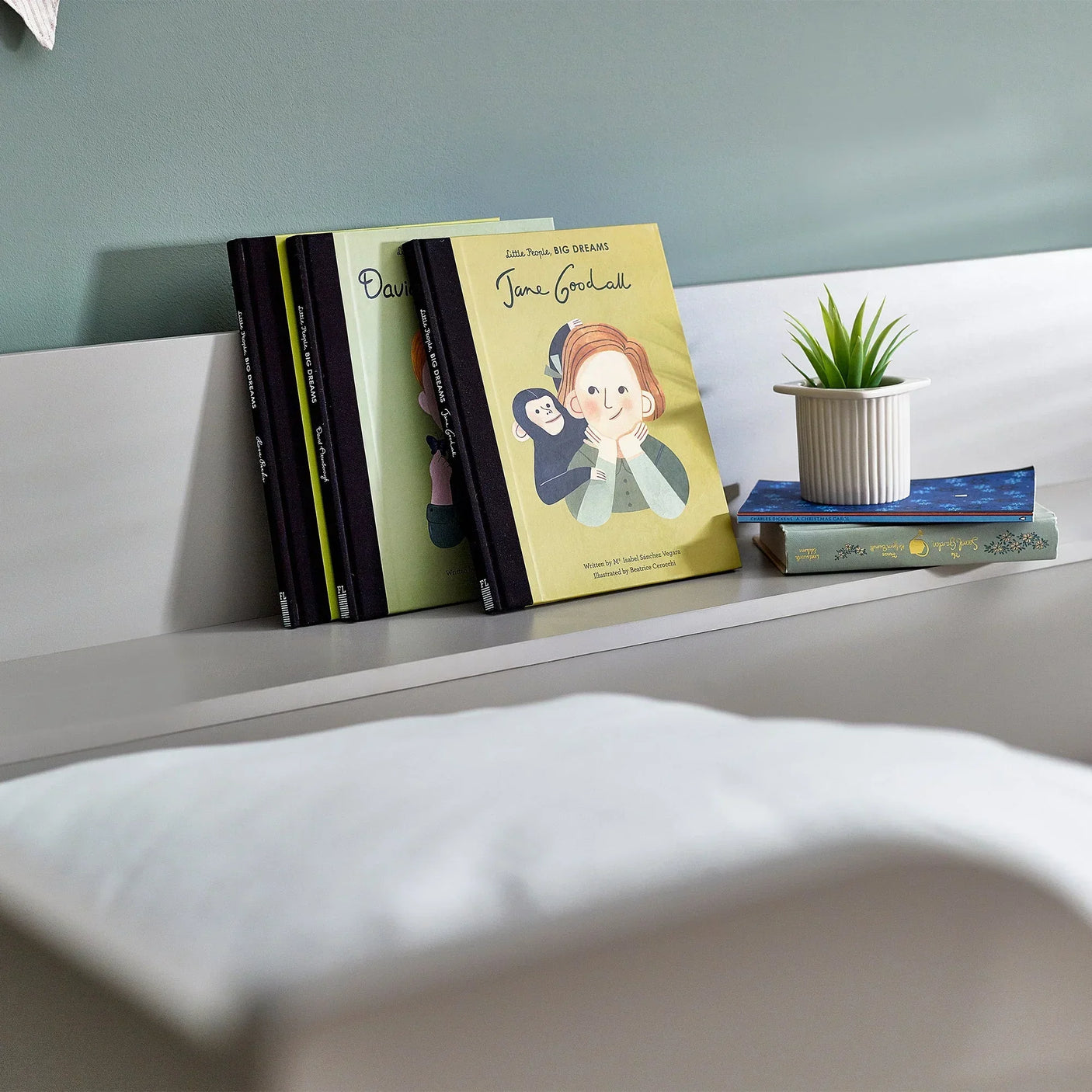 Taupe and white bunk bed shelf with children’s books and small potted plant