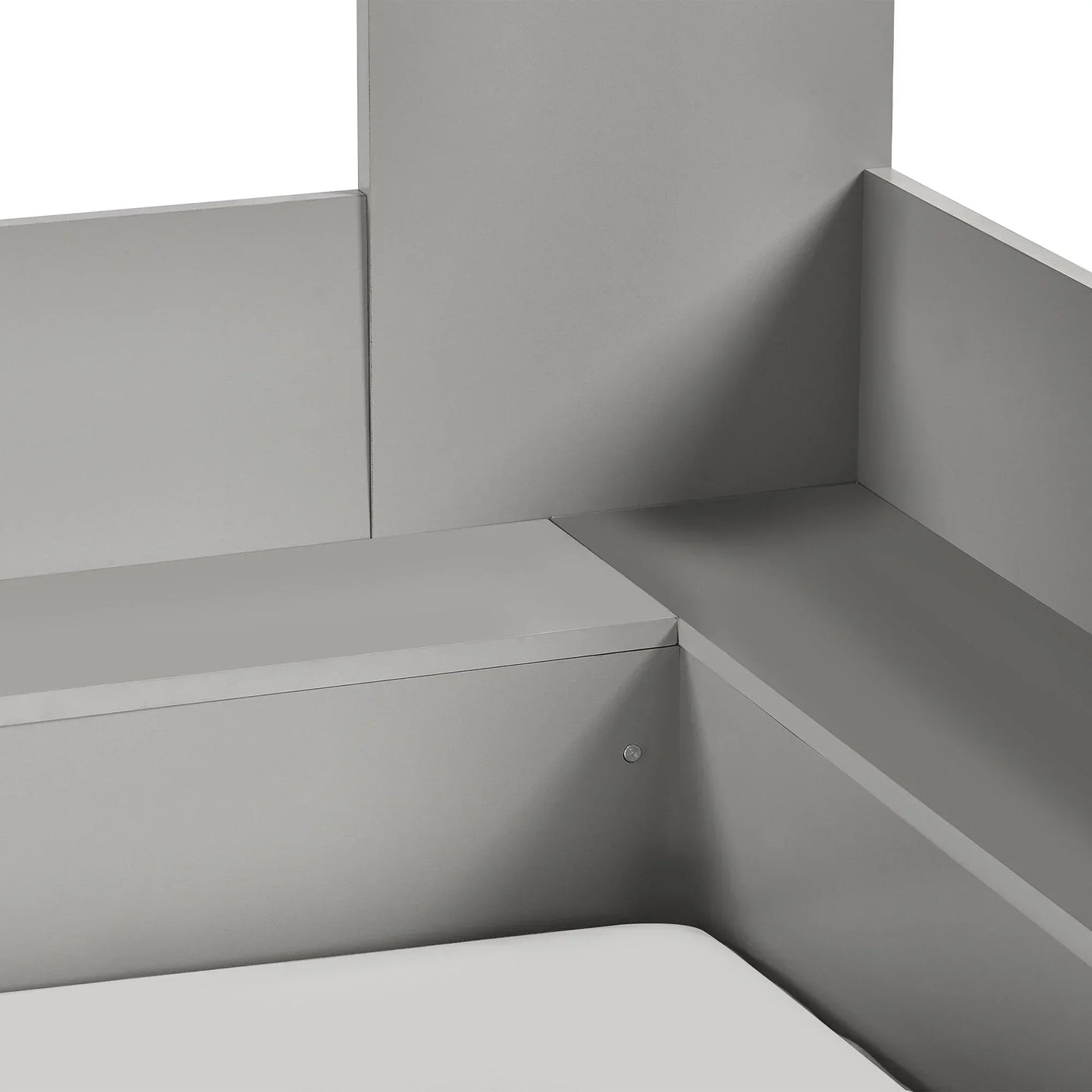 Detail view of taupe and white Parsec bunk bed corner with smooth panel finish