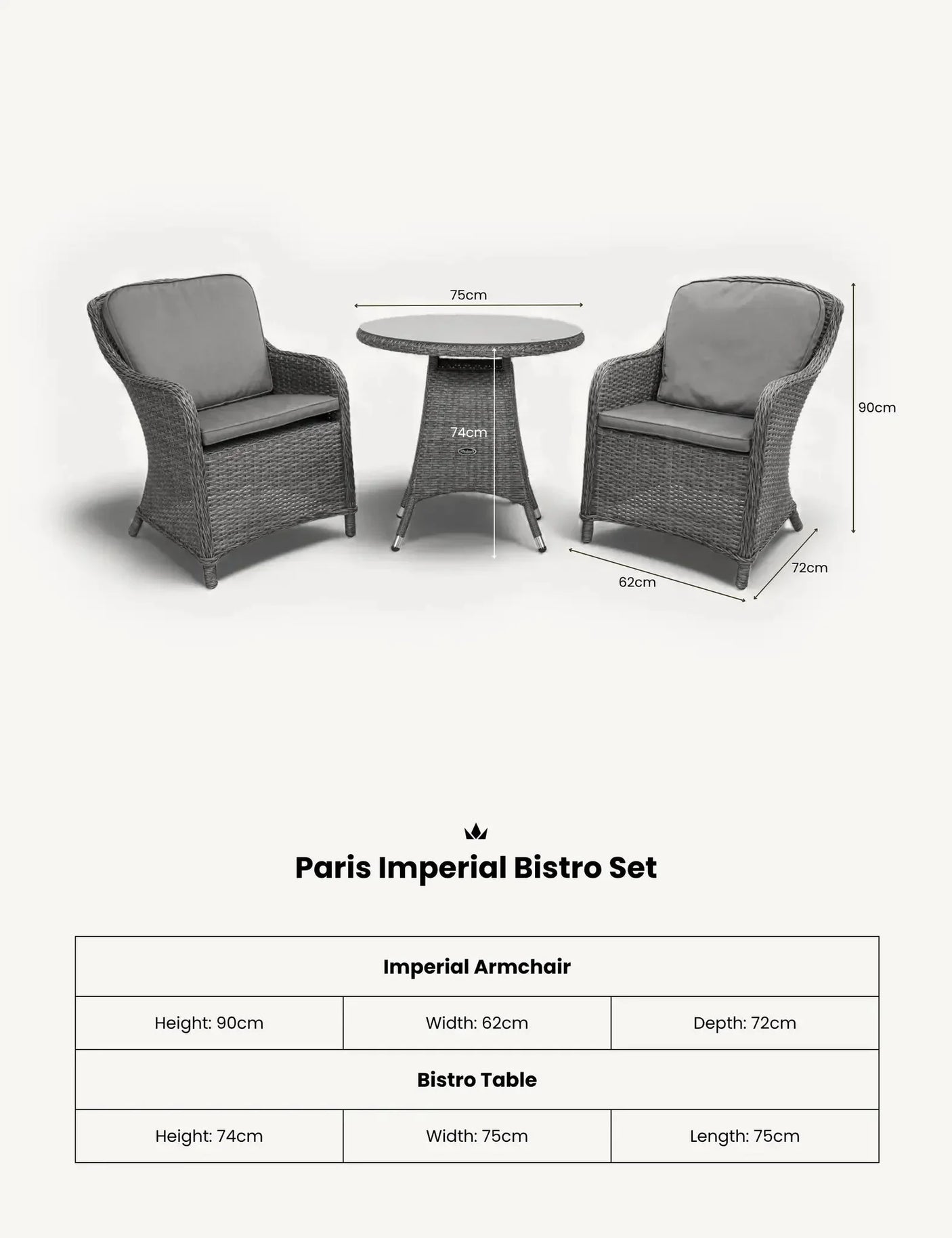 Paris Imperial bistro set with two grey rattan armchairs and round table, dimensions shown