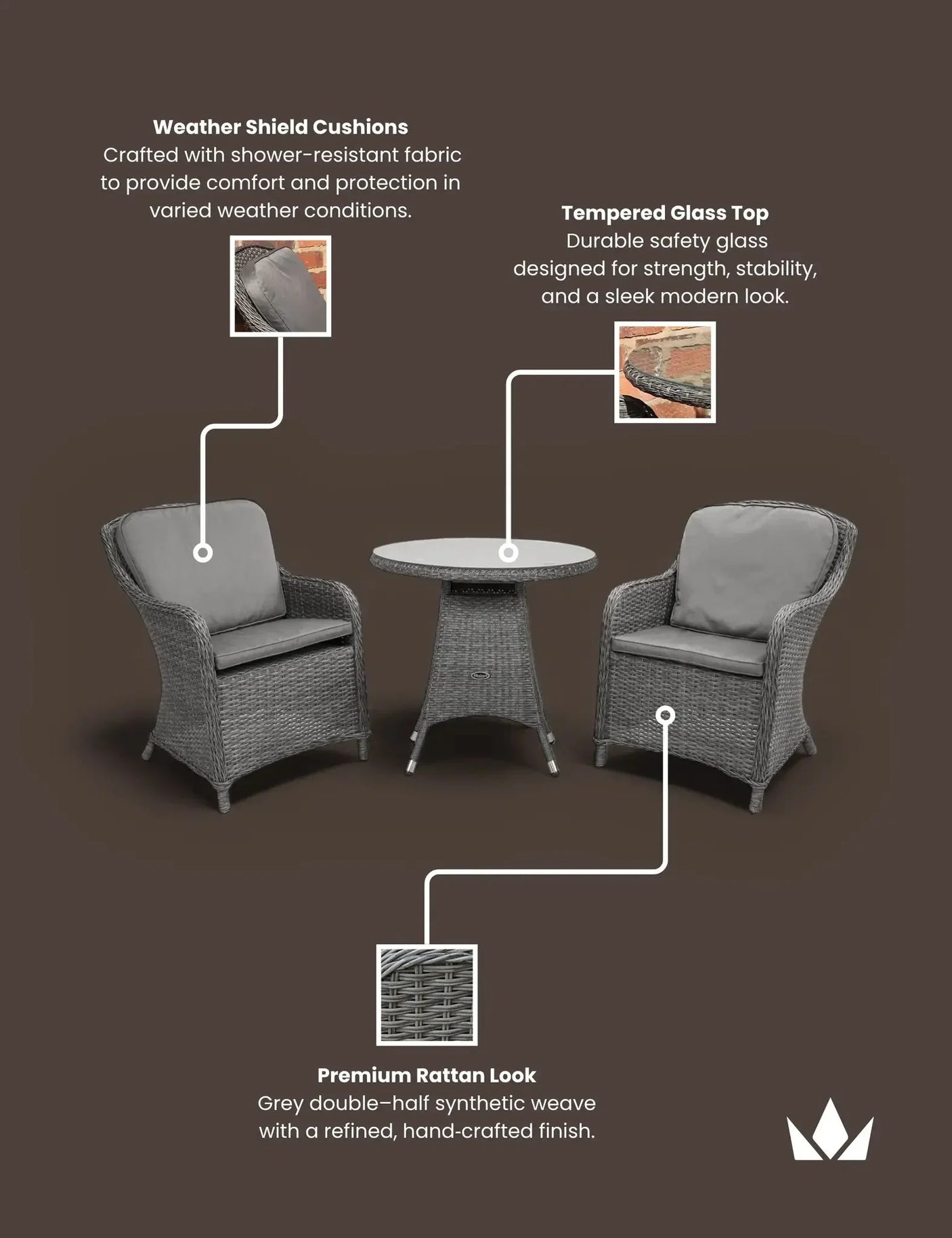 Grey rattan garden bistro set with two cushioned chairs and round tempered glass table