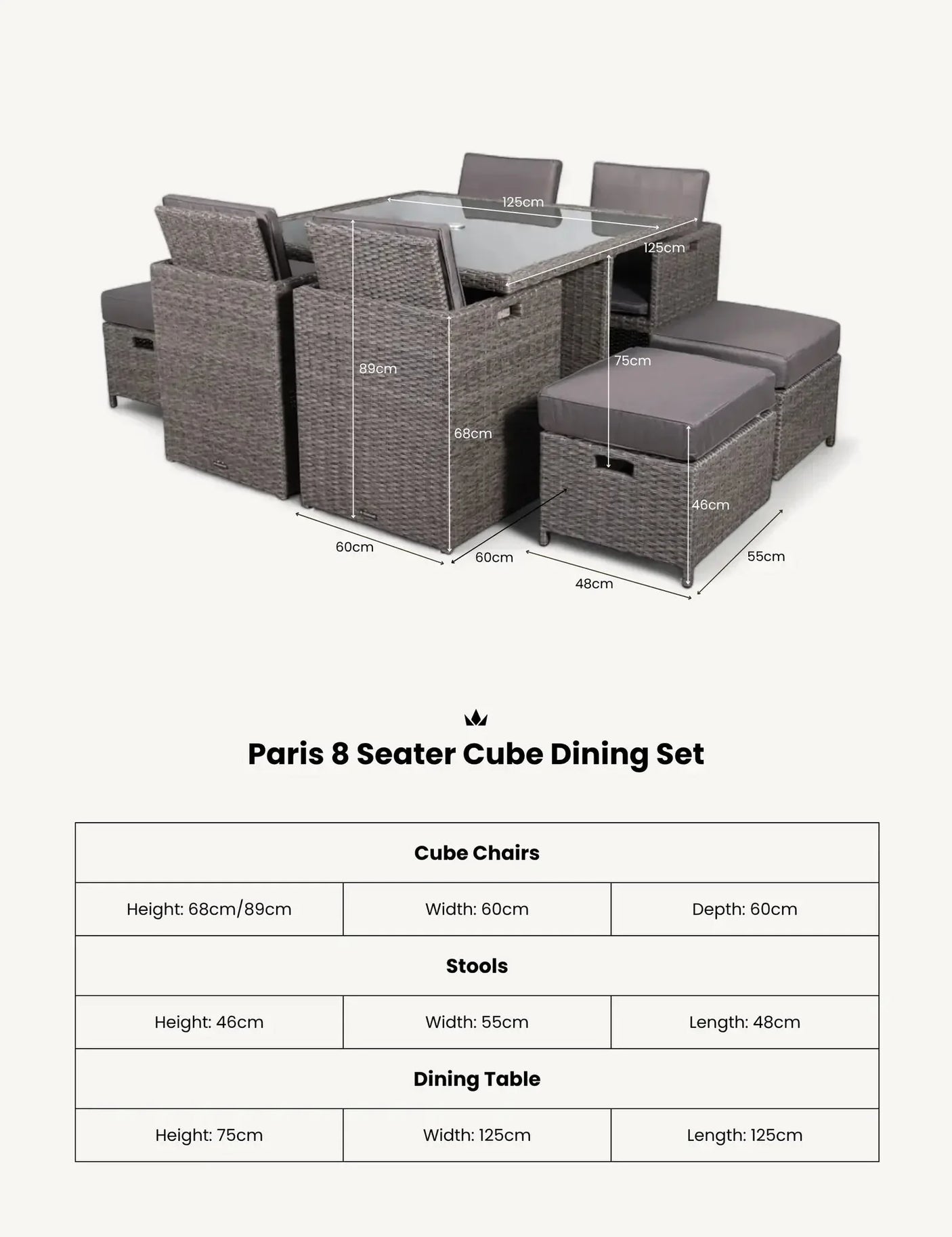 Paris 8 seater cube dining set in grey rattan with glass top table, chairs and stools, measurements shown