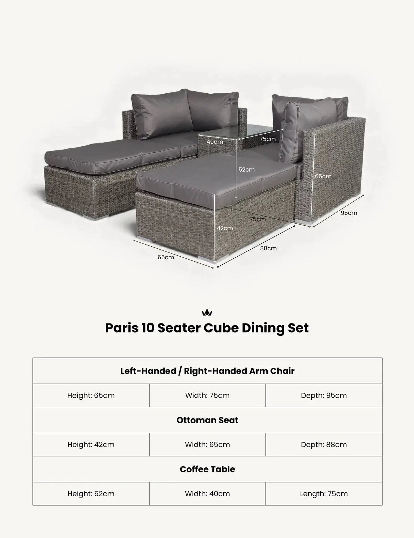 Paris 10 seater cube dining set with grey rattan chairs, ottoman, and glass coffee table
