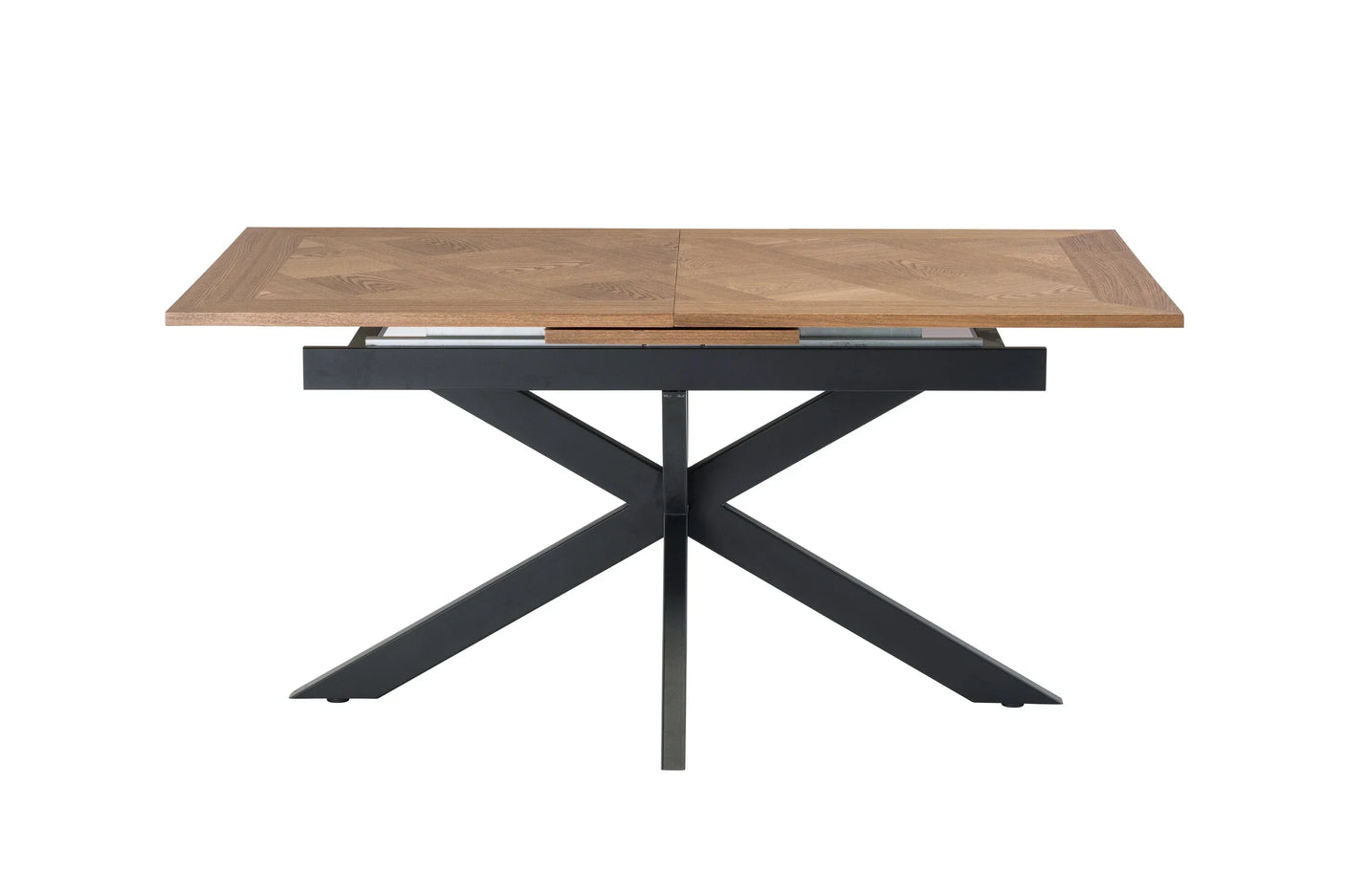 Rectangular wooden dining table with black metal cross legs, front view