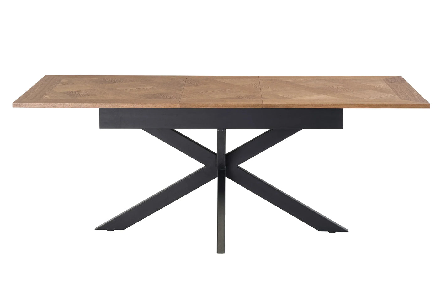 Rectangular wooden dining table with black crossed metal legs, front view