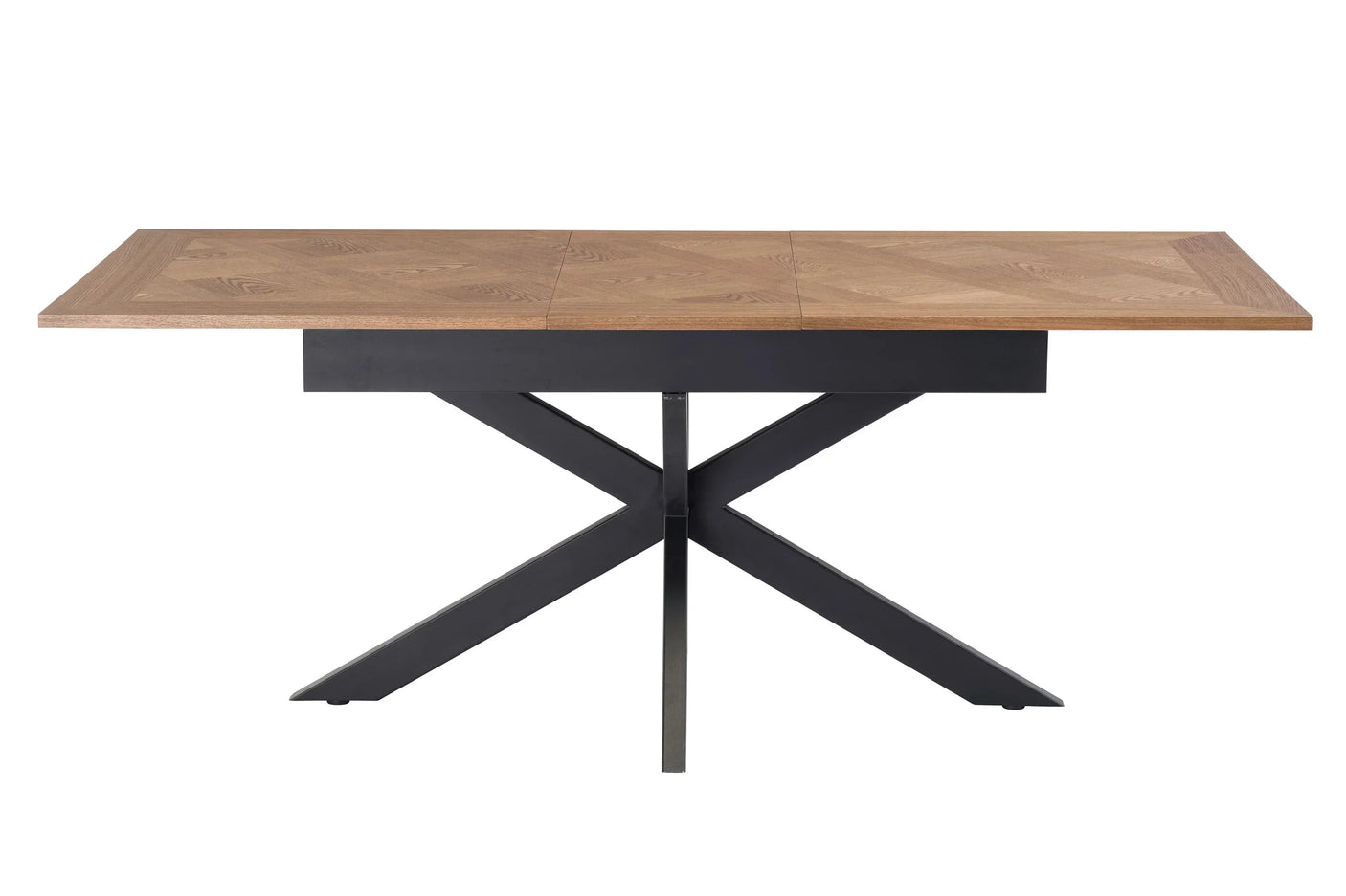 Rectangular dining table with wood top and black metal X-shaped legs, front view