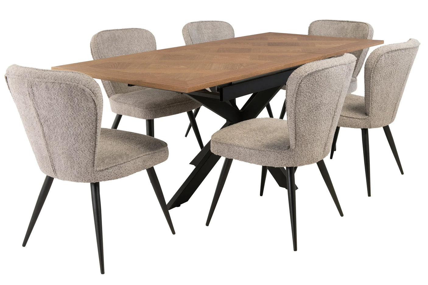Rectangular wood dining table with black metal legs and six beige upholstered dining chairs