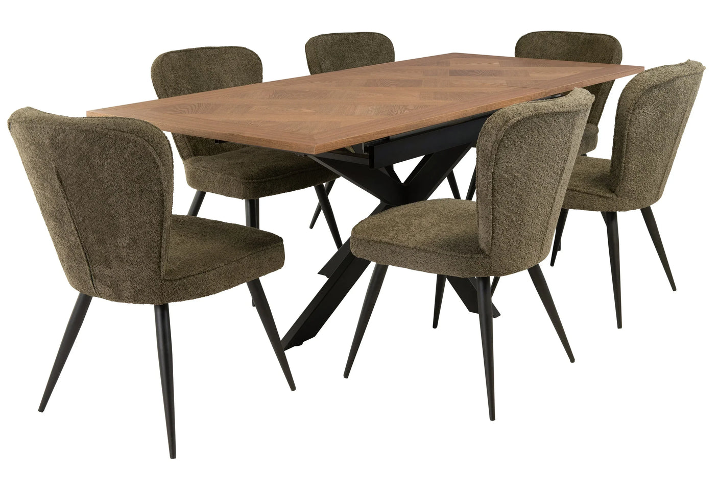 Rectangular dining table with wood top and six olive green upholstered chairs, black metal legs