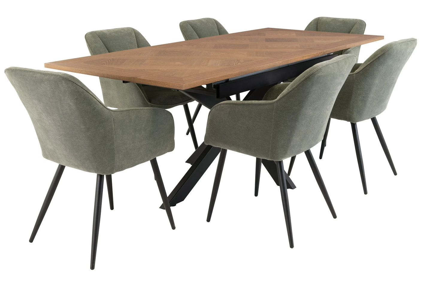 Rectangular dining table with wood top and six green fabric dining chairs, black metal legs