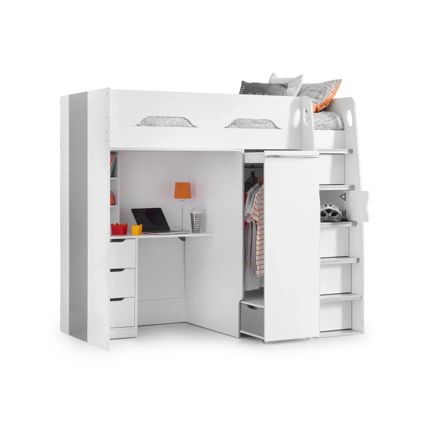 White Pegasus highsleeper bed with built-in desk, storage drawers, wardrobe, and steps