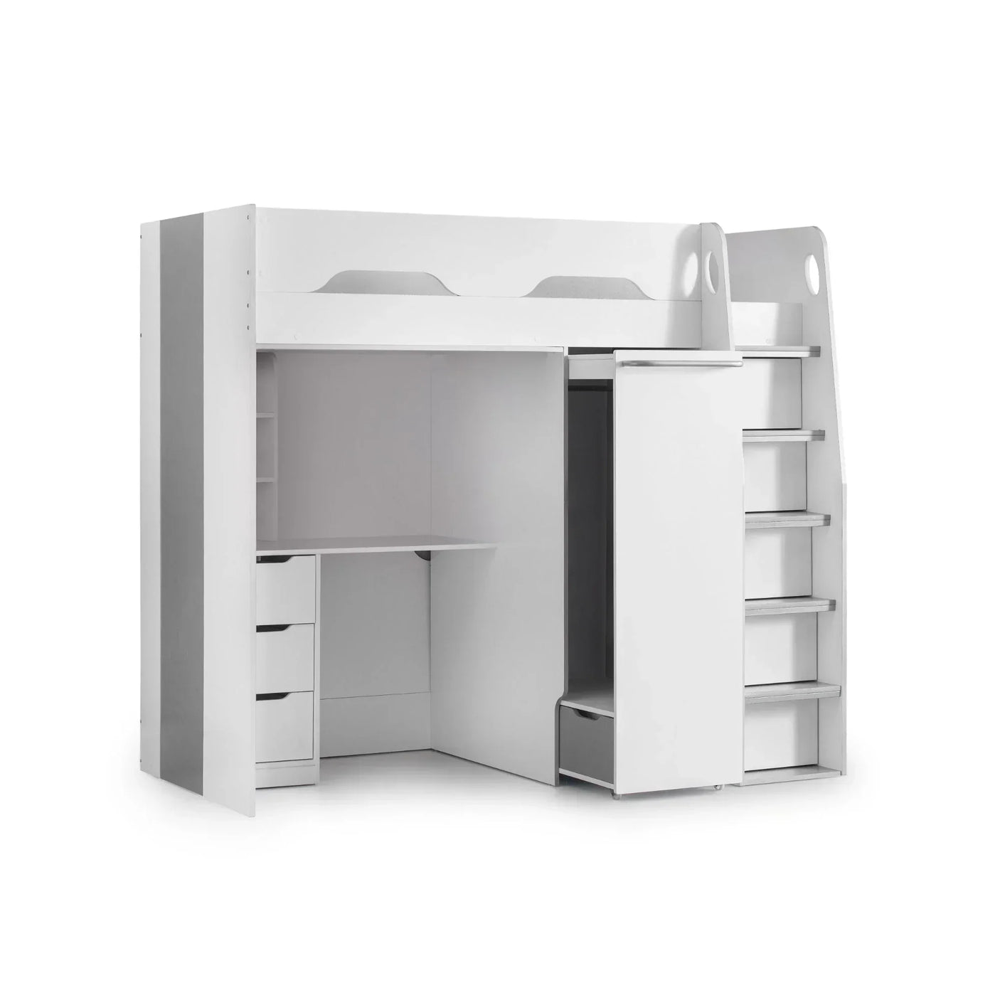 White Pegasus highsleeper bed with built-in desk, drawers, wardrobe, and ladder steps