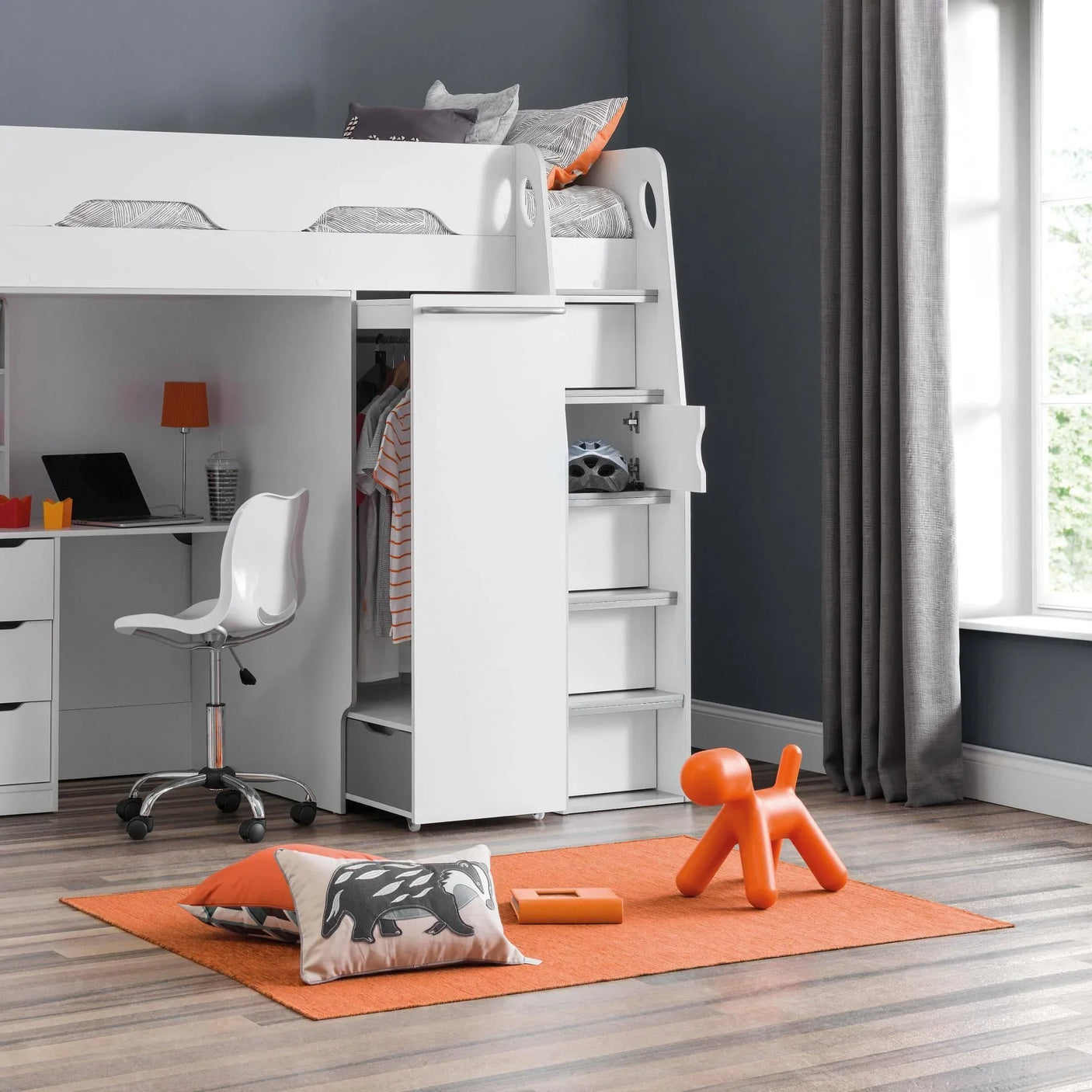 White Pegasus highsleeper bed with desk, wardrobe, shelves and orange decor in modern room