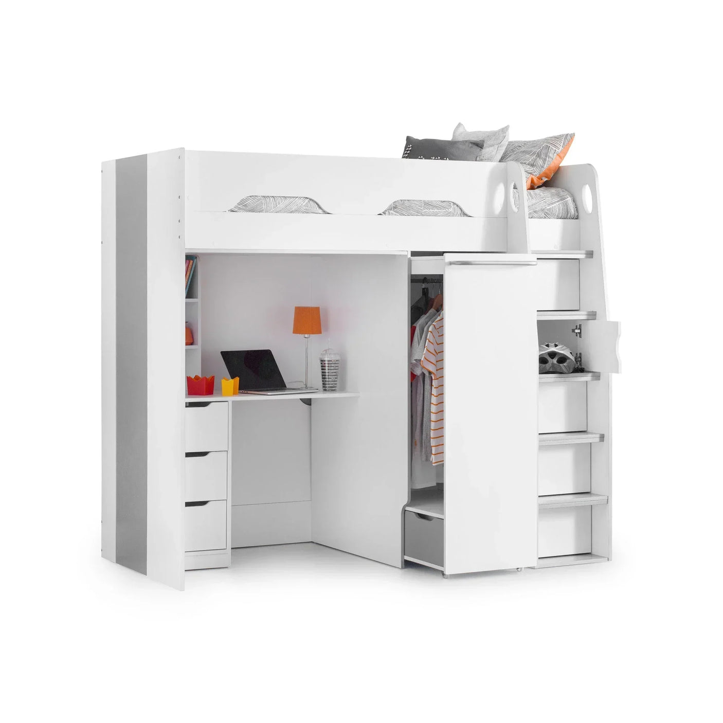 White loft bed with integrated desk, wardrobe, shelves, and stairs for bedroom storage