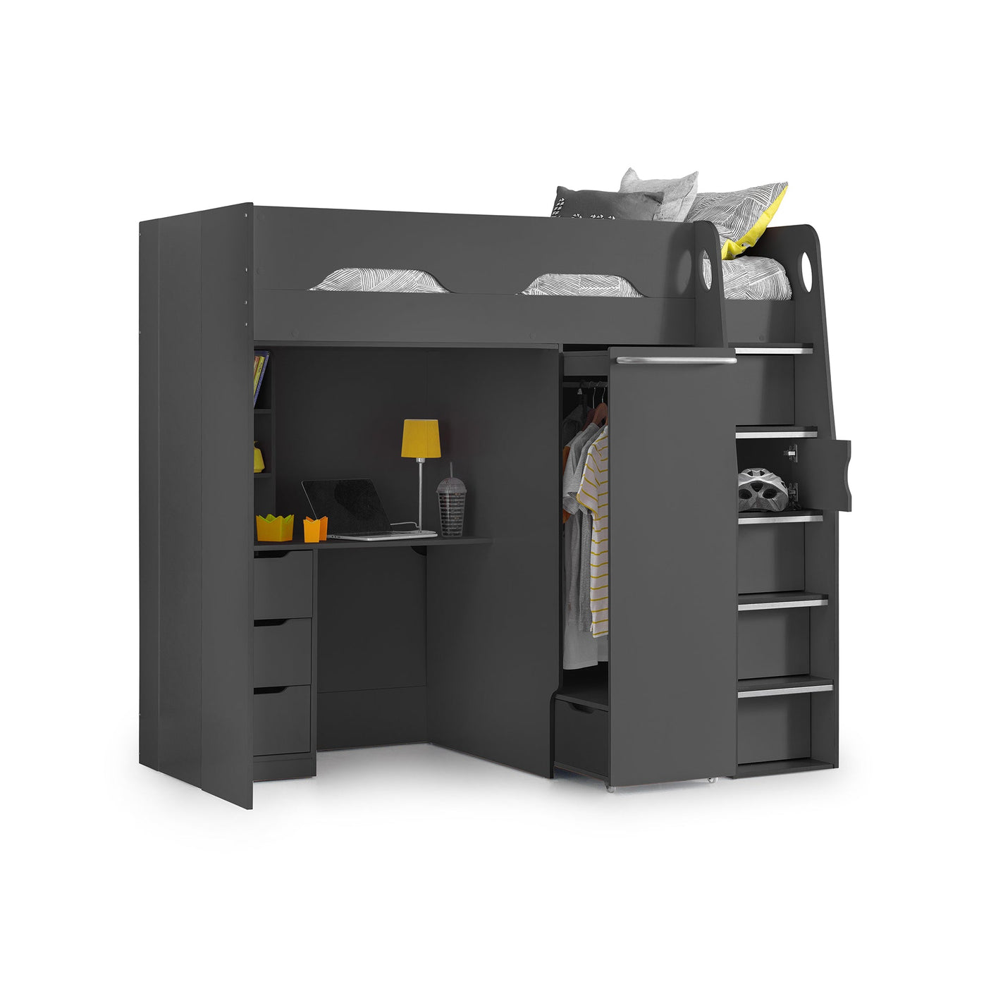 Anthracite high sleeper bed with integrated desk, wardrobe, and storage steps