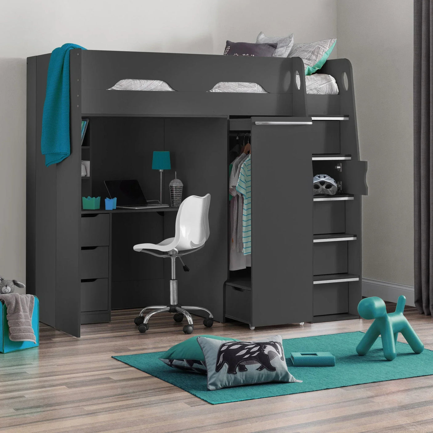 Grey high sleeper bed with integrated desk, wardrobe, shelves and ladder in modern bedroom