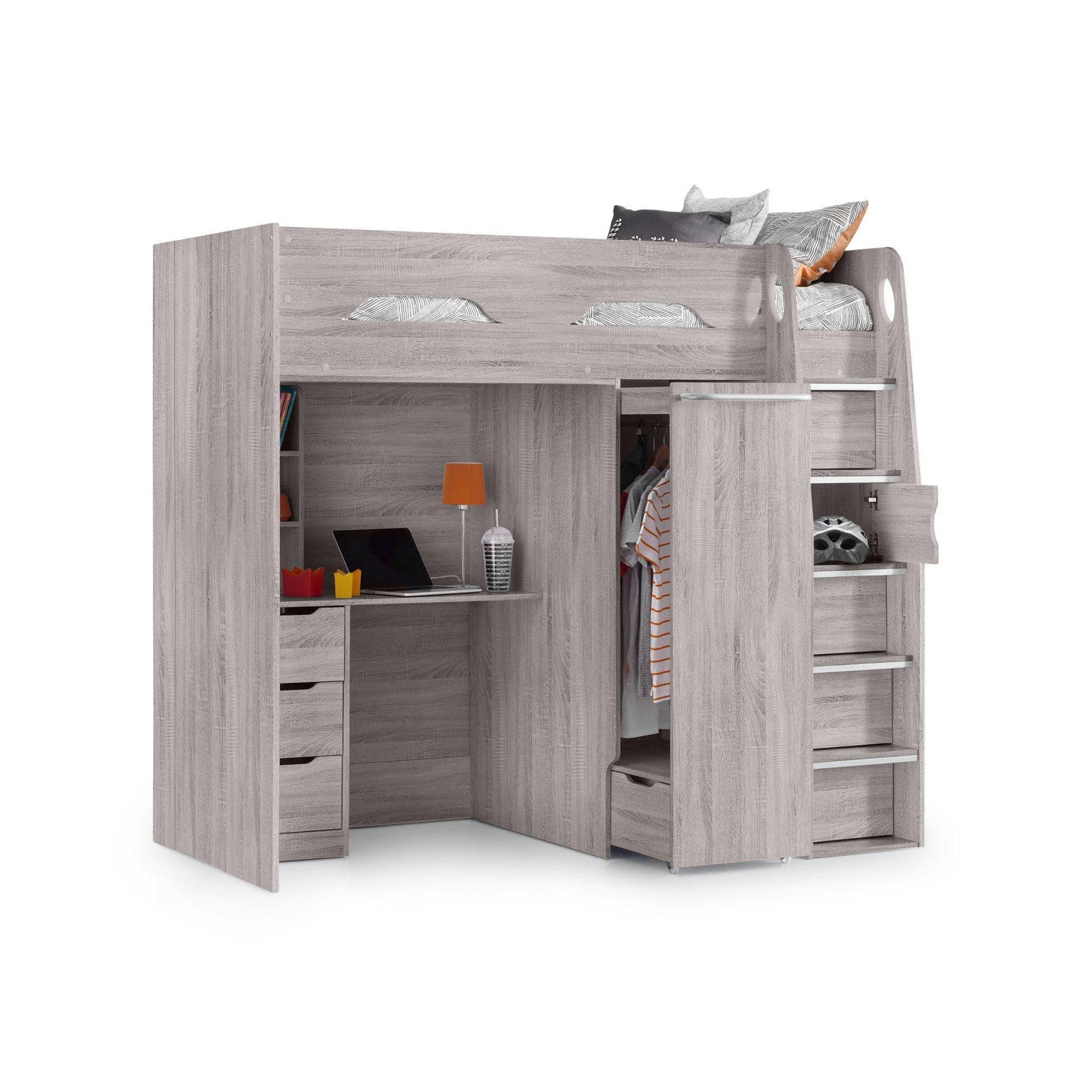 Grey wood loft bed with desk, wardrobe, shelves, and step ladder for bedroom storage