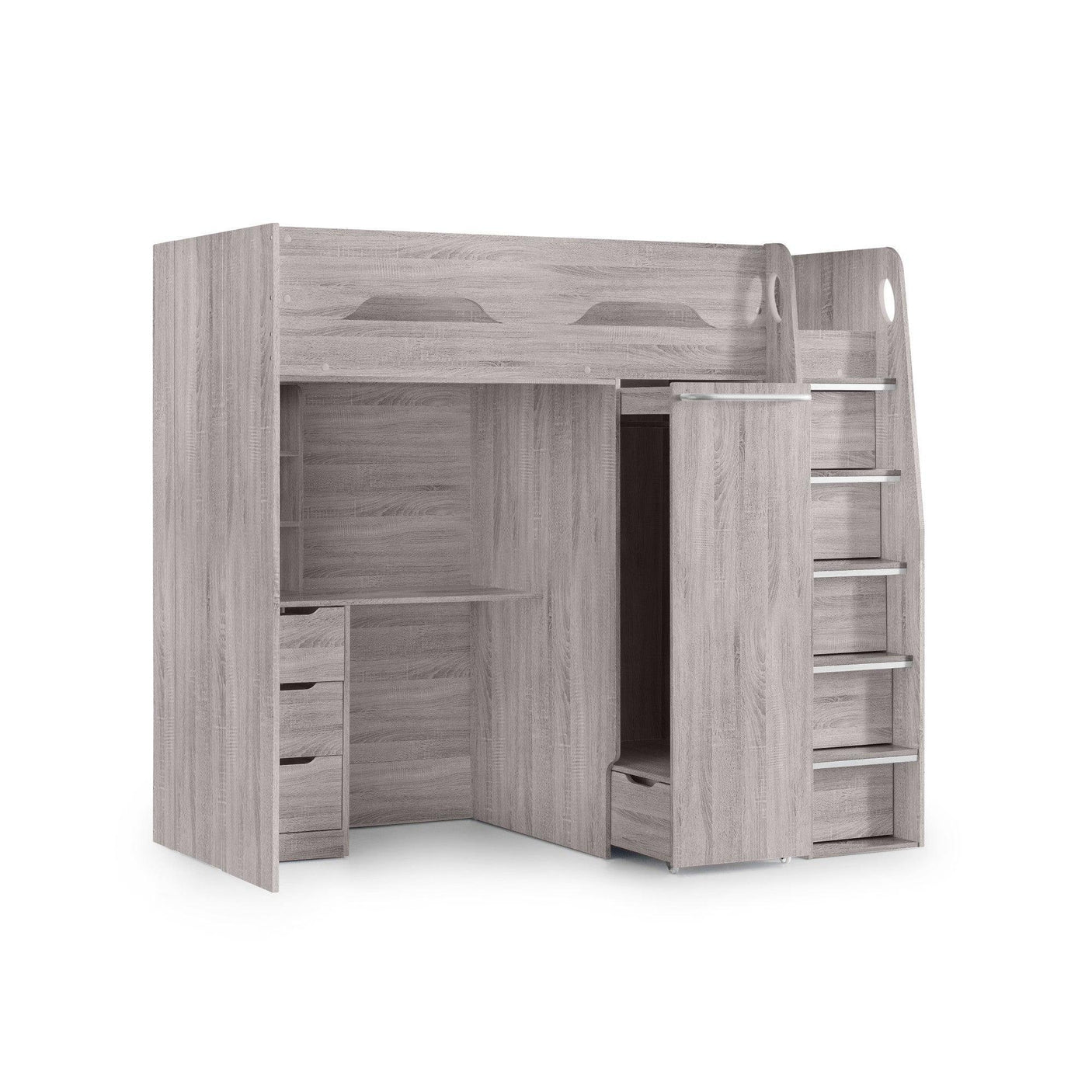 Oak effect loft bed with built-in desk, drawers, wardrobe, and ladder