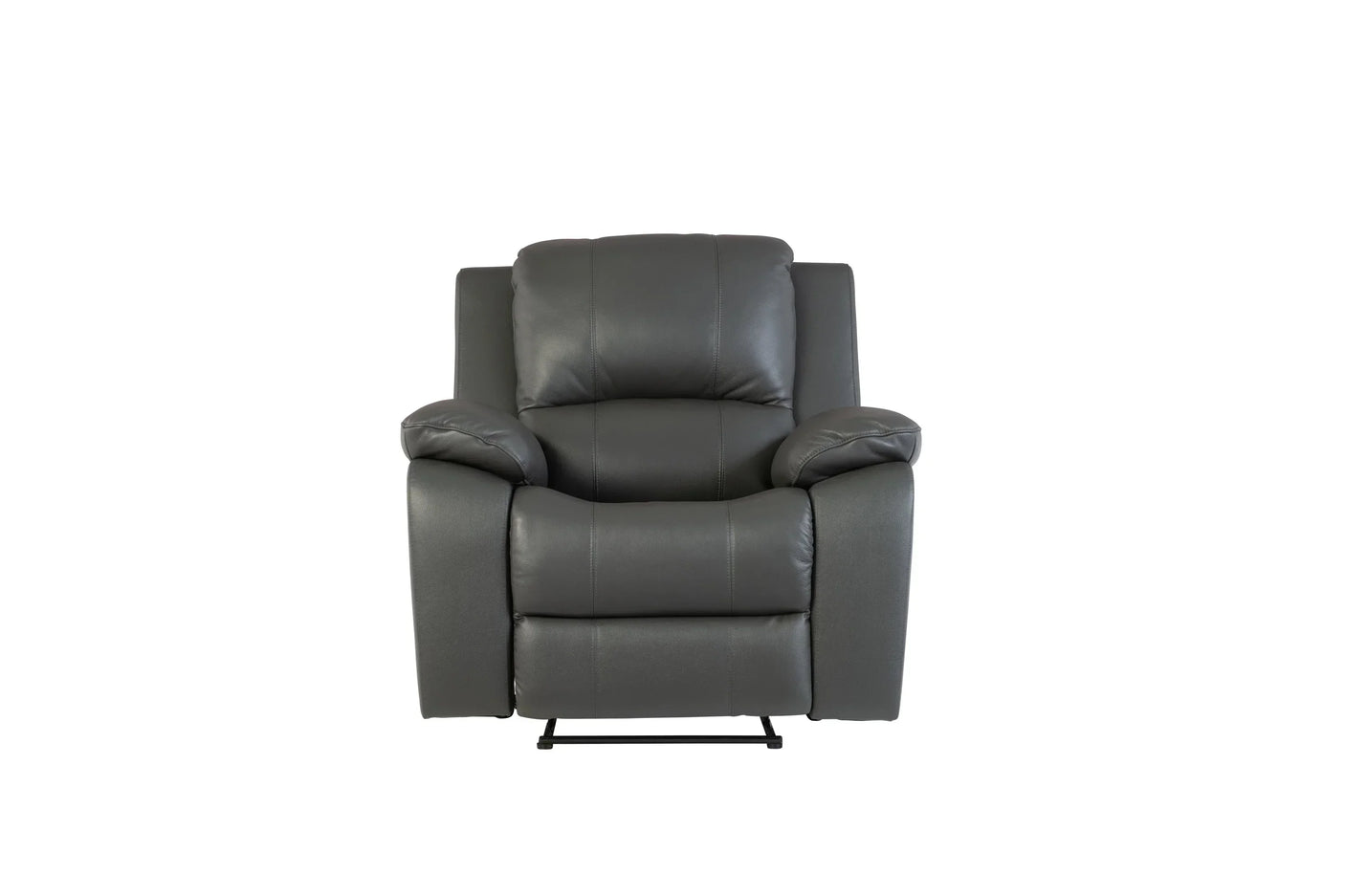 Grey leather recliner chair with padded arms and high backrest, front view