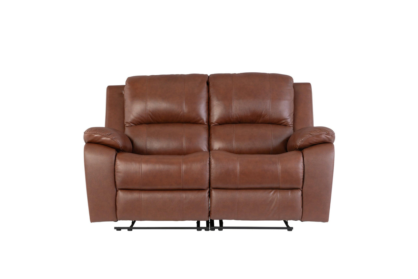 Dark tan leather recliner sofa with padded seats and armrests, front view