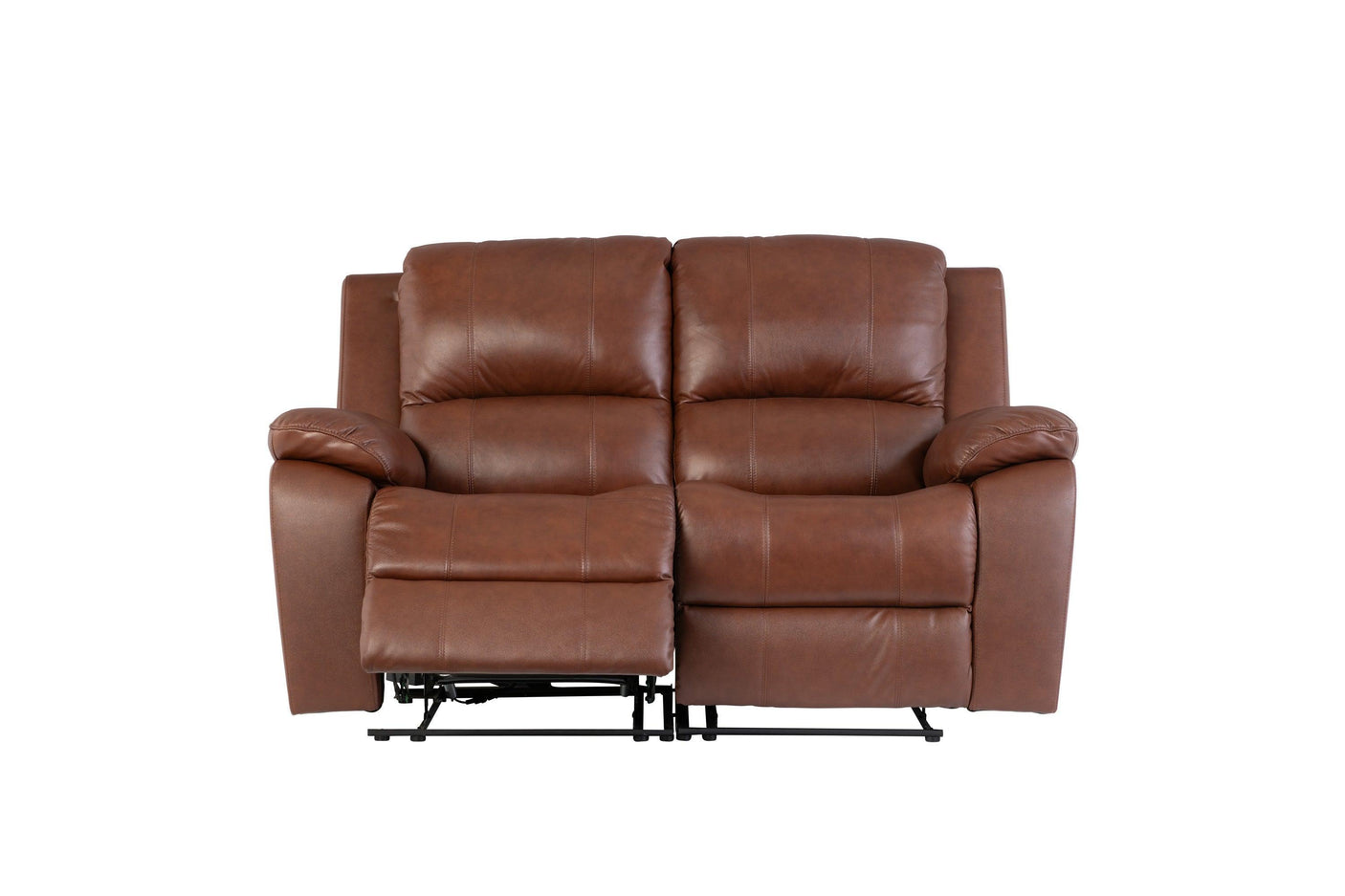 Dark tan leather recliner sofa with plush armrests and extended footrest, front view