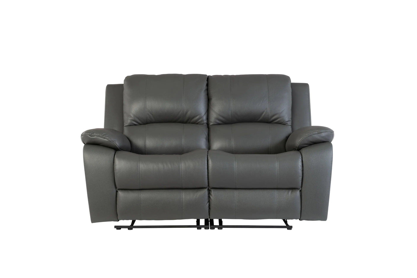 Grey leather reclining sofa with padded arms and lumbar support, front view