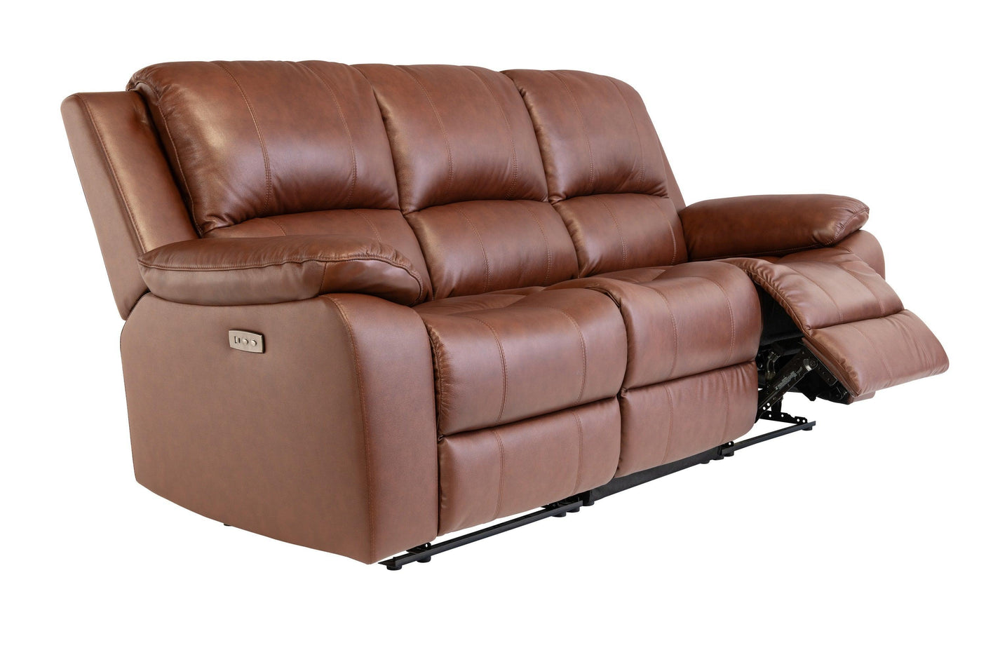 Dark tan leather recliner sofa with padded armrests and extended footrest, angled view