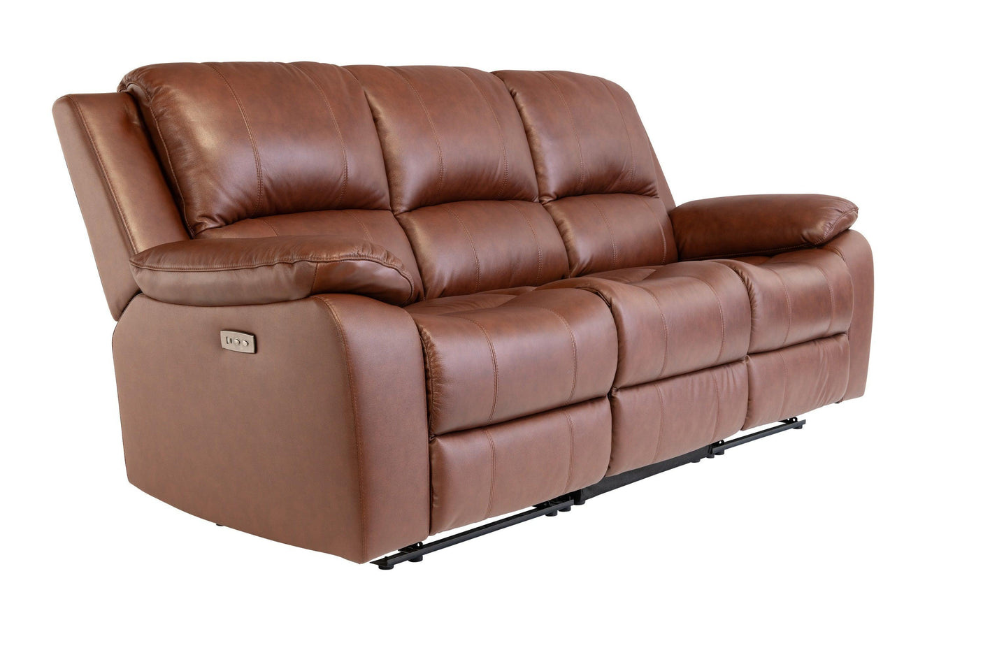 Dark tan leather recliner sofa with padded arms and backrest, front angle view