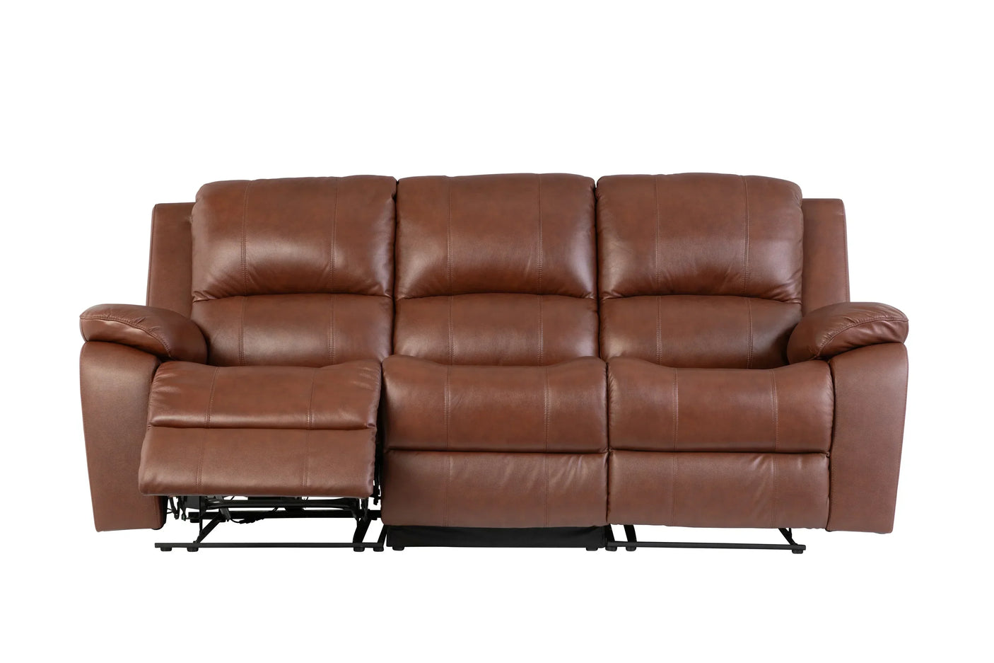 Dark tan leather reclining sofa with plush seats and extended footrest, front view