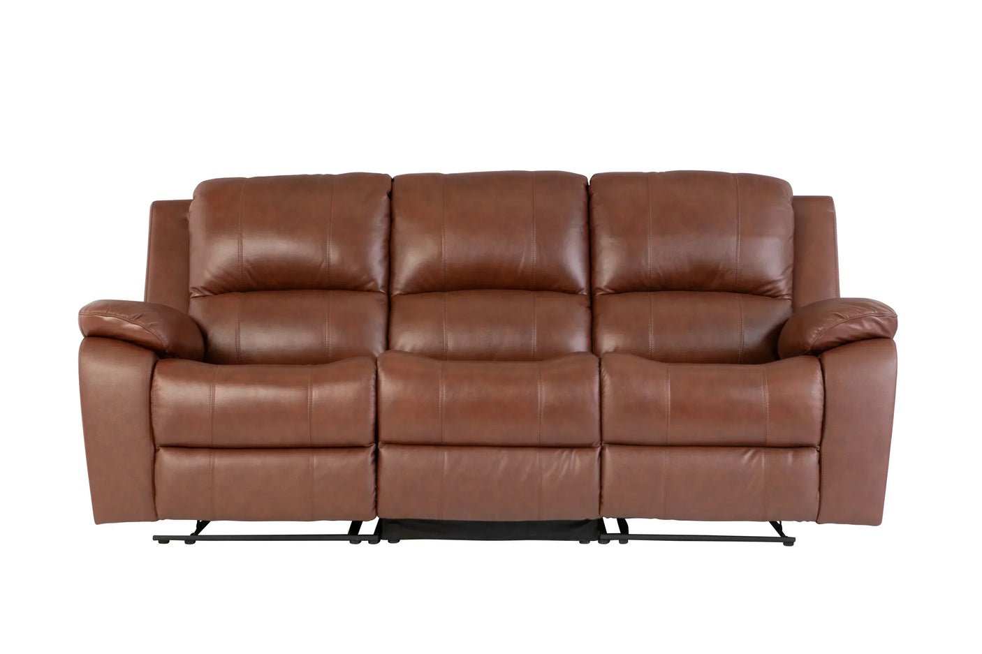 Three seat dark tan leather recliner sofa with padded arms and backrest, front view