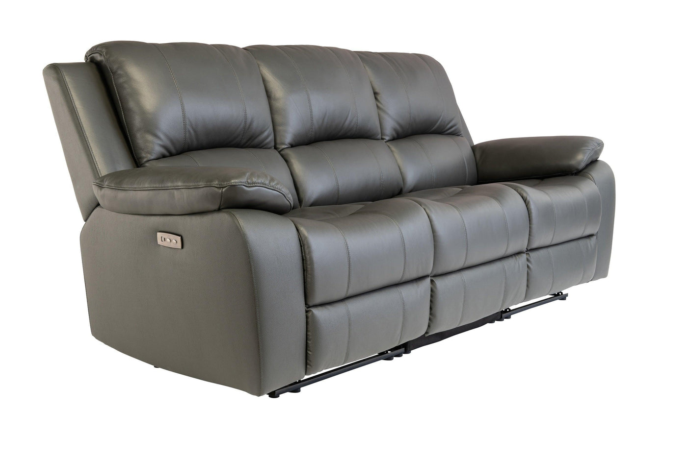 Grey leather reclining sofa with padded armrests and electric control panel, angled view