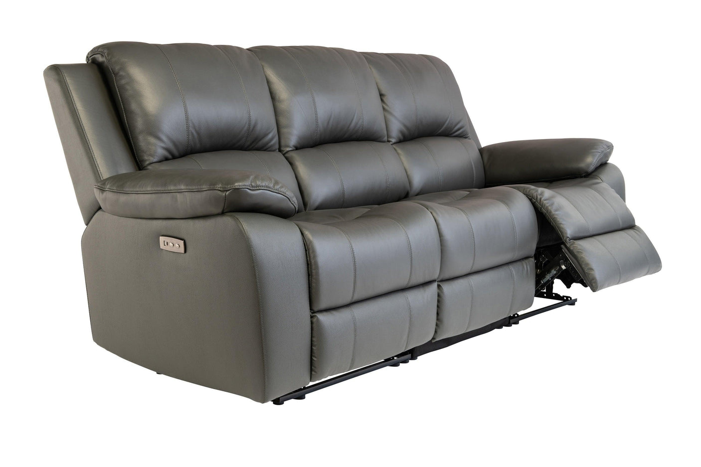 Grey leather recliner sofa with padded armrests and extended footrest, side angle view