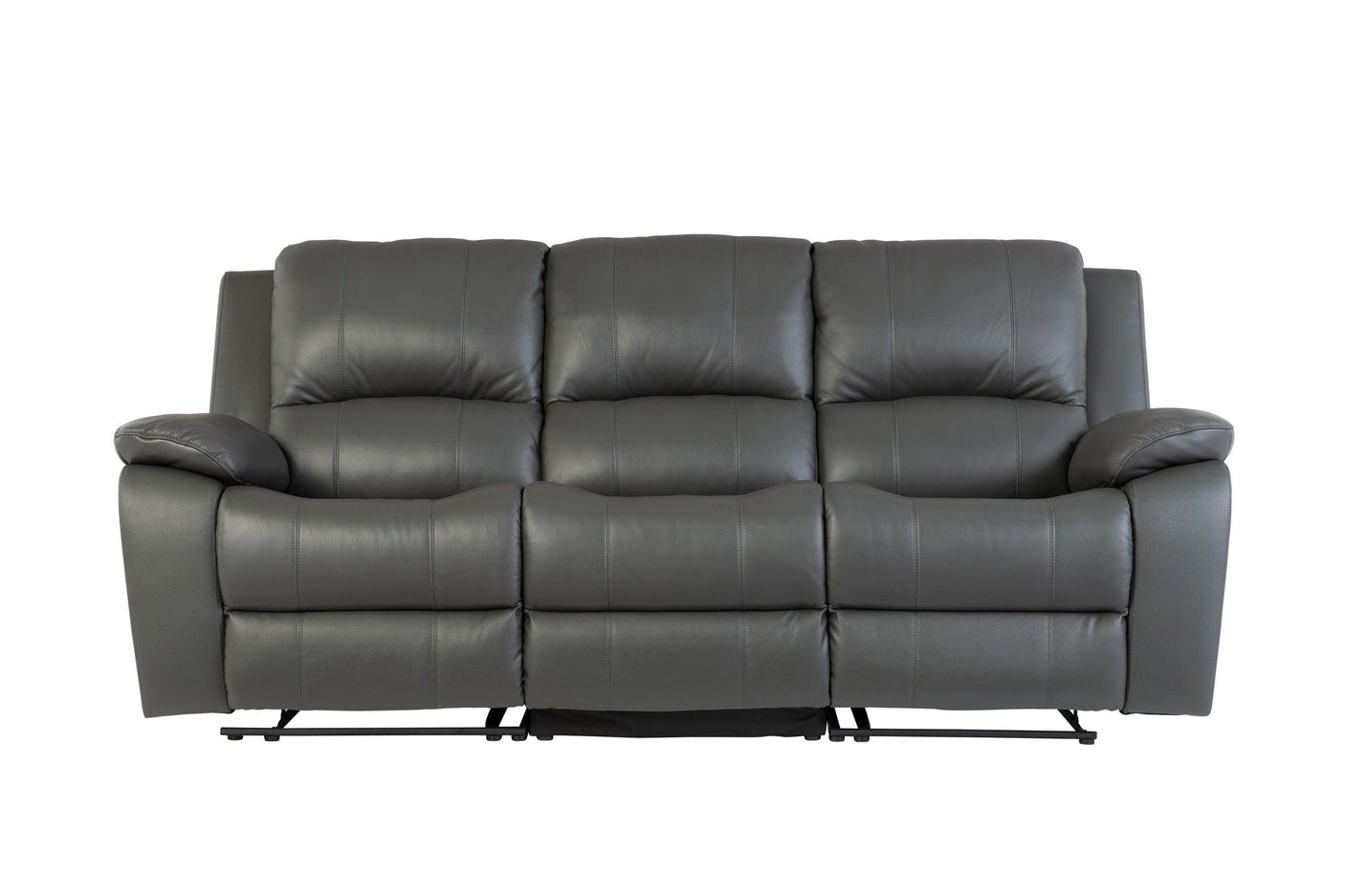 Grey leather reclining sofa with padded armrests and three seat cushions, front view